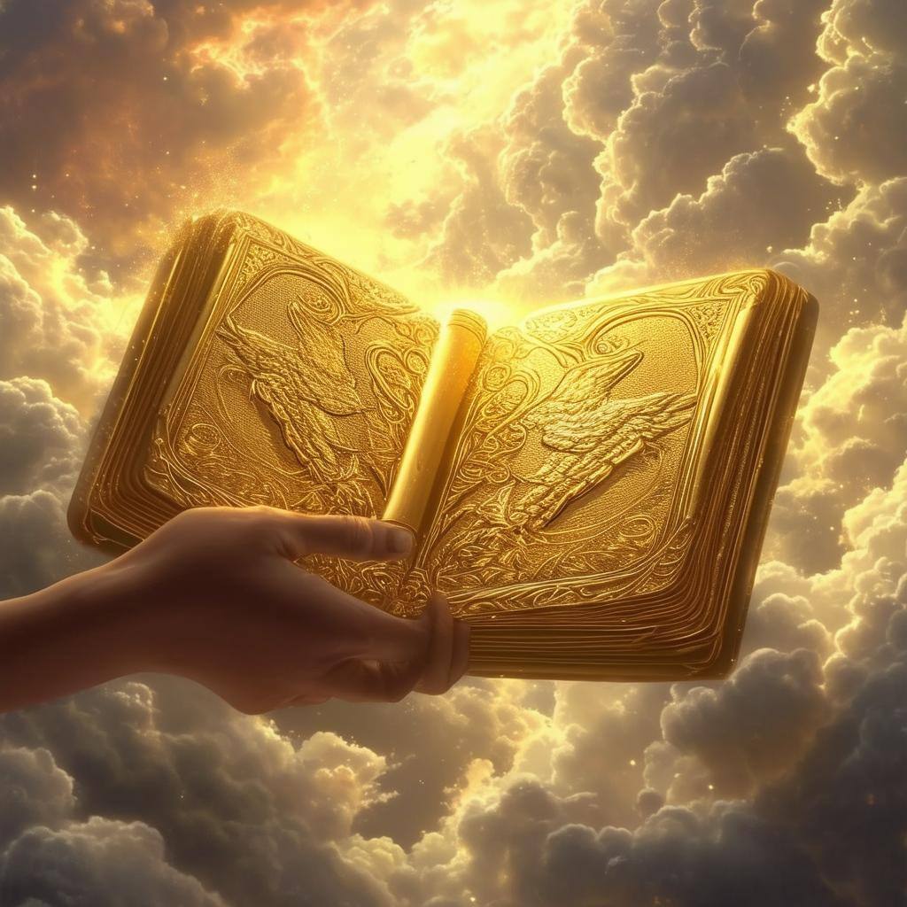 golden journal being held by god like hands with clouds in the background golden journal being held by god like hands with clouds in the background