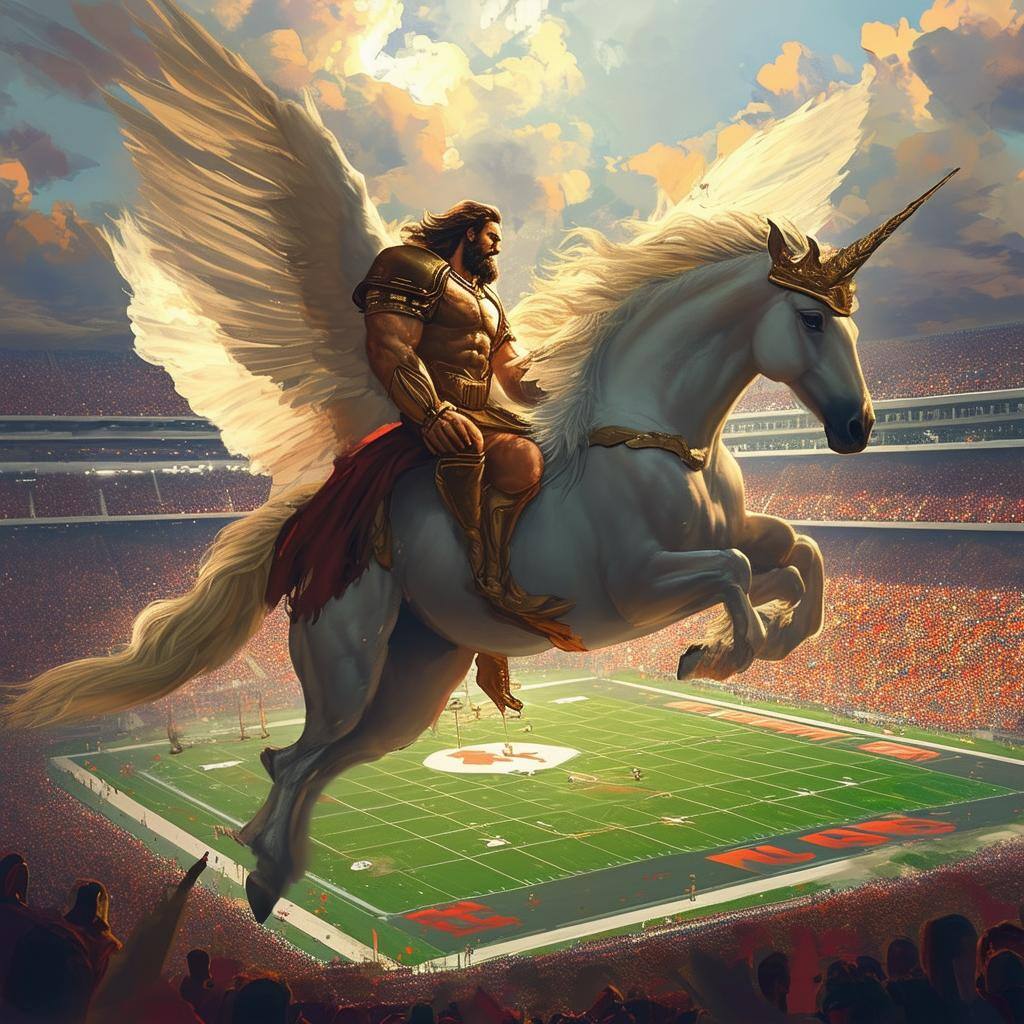 hercules sitting on pegasus while flying above an american football stadium-1
