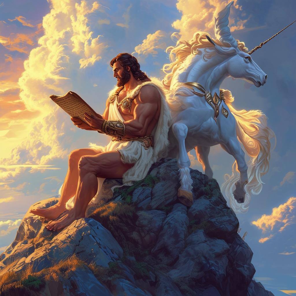HERCULES READING A SCROLL ON TOP OF A MOUNTAIN WITH PEGASUS WITHOUT A HORN