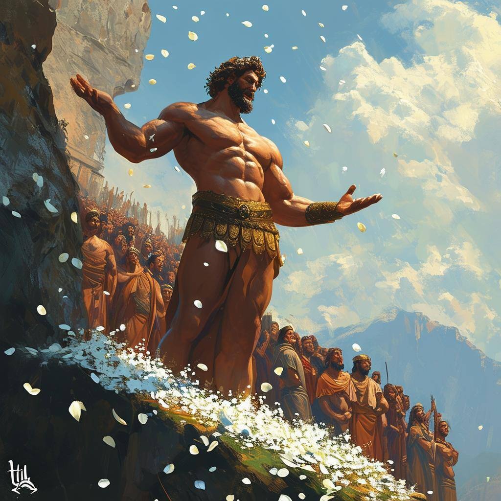 hercules standing on a cliff with white petals falling delivering a speech to a crowd of people hercules standing on a cliff with white petals falling delivering a speech to a crowd of people